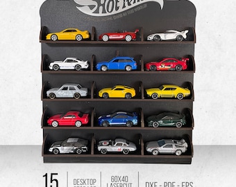 Estante de exhibición de escritorio para 15 coches de juguete (archivos DXF, PDF y EPS)