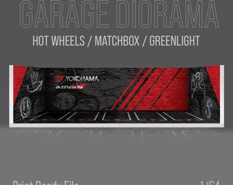 Pode incluir: Um diorama de garagem preto e vermelho com uma parede de tijolo preto, listras vermelhas e um piso preto. O diorama está na escala 1/64 e é projetado para carros Hot Wheels, Matchbox e Greenlight. O diorama está pronto para impressão.