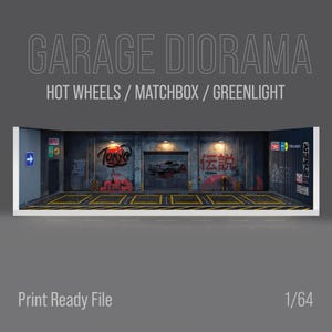 May include: A garage diorama for Hot Wheels, Matchbox, and Greenlight model cars. The scene features a detailed interior with graffiti art, a garage door with a car silhouette, and the text "TOKYO" and "LEGEND". The diorama is a print-ready file, scale 1/64.