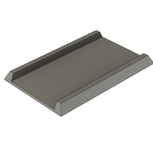 May include: A rectangular grey tray with a smooth, flat base and two raised, angled side walls. The object features a uniform matte finish and a simple, open-ended design, presenting a clean geometric form with sharp edges and defined corners.