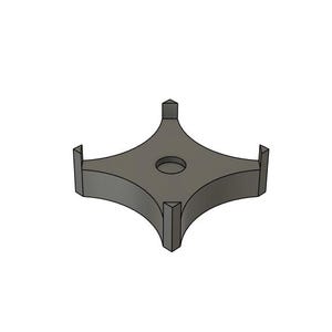 May include: A grey, four-pointed object with a circular hole in the centre. Each point has a small, triangular extension at the top and a rectangular support at the base. The object appears to be 3D-printed.
