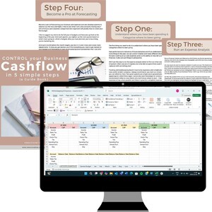May include: A computer screen displaying a spreadsheet with the title "Control Your Business Cashflow in 5 Simple Steps (A Guide Book)". The spreadsheet shows columns for account, Q1 2024, Q2 2024, and Q3 2024. The spreadsheet is open in a Microsoft Excel program.