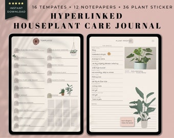 Ultimate hyperlinked digital houseplant tracker including 35+ digital plant stickers and 12 notepapers for iPad GoodNotes and other devices