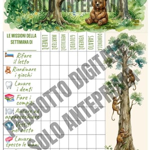 Può includere: Una tabella per le faccende settimanali con un'illustrazione ad acquerello di un bosco, un orso e uno scoiattolo in alto e scimmie che si arrampicano su un albero a destra. La griglia include i giorni della settimana e varie attività quotidiane.