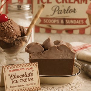 Könnte beinhalten: Ein handgemachtes Schokoladen-Eiscreme-Seifenstück auf einem kleinen Teller. Die Seife ist braun und hat eine strukturierte Oberfläche. Ein Schild liest "Chocolate Ice Cream" mit "Rich, Creamy, Indulgent" darunter. Ein Glas Schokoladeneis ist im Hintergrund.