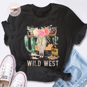 Boho Cow Skull Shirt, Wild West Shirt, Western Graphic Tee, Cowgirl Shirt, Bull Skull Shirt, Southwest Shirt, Cactus Shirt, Vintage Western
