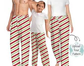 Rode en groen gestreepte familiepyjamabroek met kerstsnoepgoed: kerstnachtkleding