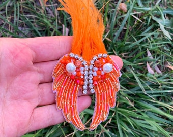 Handmade angel wing brooch, embroidered pin, Angel Jewelry, birthday gift for mom, Orange Angel Jewelry, Personalized Unique Gift