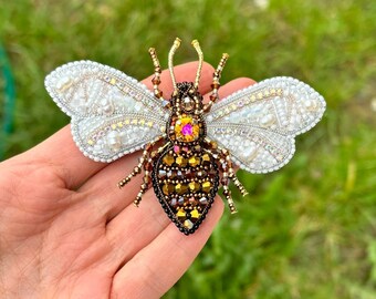 Handmade Beaded Bee Brooch: Embroidered Insect Lapel Pin