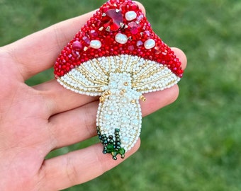 Handmade Mushroom Pin, Embroidery Brooch, Mushroom Clasp, Boho Brooch, Hat Ornament, Gift For Christmas, Unique Design Mushroom Jewelry Pin