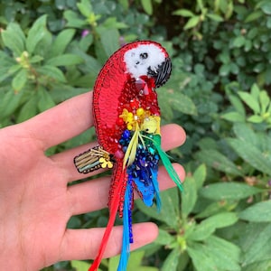 Handmade Parrot Brooch, Animal Pins, Gift for Wife, Bead Embroidered Pin, Red Tropical Bird Jewelry, Crystal Swarovski Pin