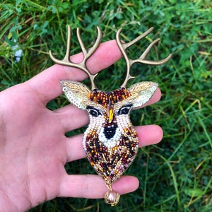 Handmade Deer Brooch, Deer Jewelry, Reindeer Brooch, Handcraft Deer, Beaded Reindeer Pin, Gift For Christmas, Bust Of Deer, Brown Deer Pin