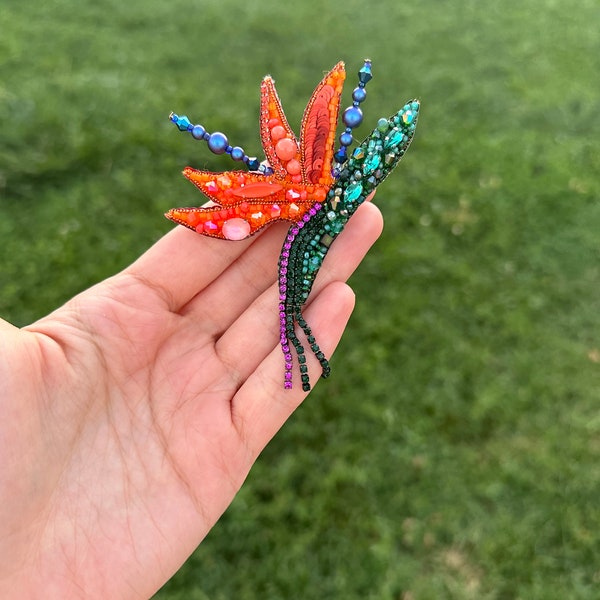 Handmade Paradise Bird Flower Brooch,Paradise Bird Flower Pin, Orange Swarovski Jewelry, Embroidered Flower Pin,Paradise Bird Flower