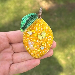 Handmade Lemon Brooch Pin, Embroidered Fruit Pin, Jewelry Badget, Yellow Vegan Citrus, Beaded Vegetables Art