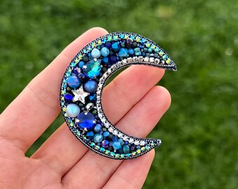 Handmade Moon Brooch, Blue Moon Jewelry Gems Pin, Crescent Moon Brooch, Personalised gift, Christmas Gift