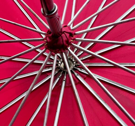 35" Red Nylon Umbrella with Unusual Curled Plasti… - image 5