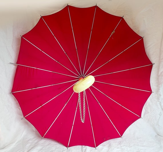 35" Red Nylon Umbrella with Unusual Curled Plasti… - image 3