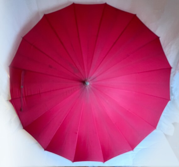 35" Red Nylon Umbrella with Unusual Curled Plasti… - image 2