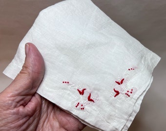 Vintage Finely Detailed Red and White Embroidered Floral Hankie with Appliquéd Edge, Probably Linen.