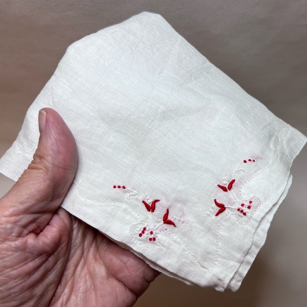 Vintage Finely Detailed Red and White Embroidered Floral Hankie with Appliquéd Edge, Probably Linen.