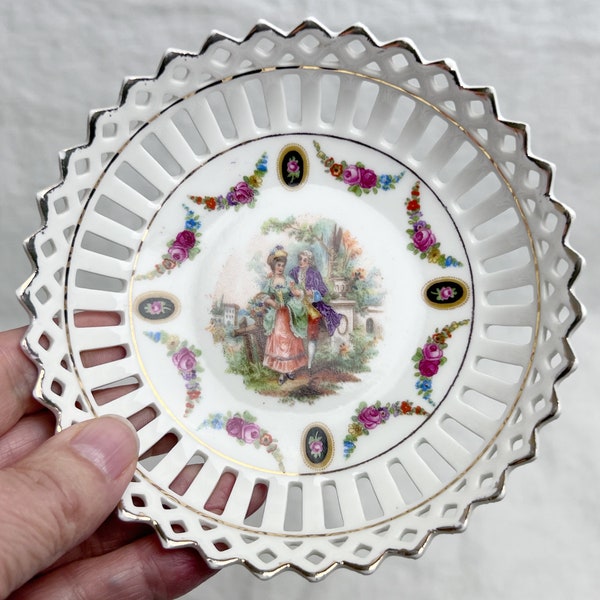 Antique Porcelain Openwork Trinket Dish, Hand Painted Floral Design and 18th century Courting Couple, Imported from Germany.