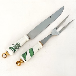 Inox Stainless Carving Set with Hand Painted Porcelain Handles and Brass Detail, circa 1970s
