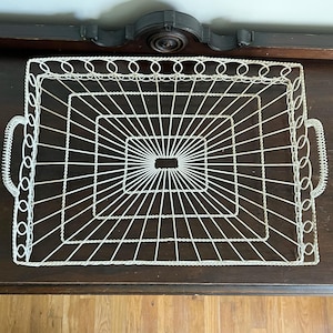 French Style White Rectangular Wire Handle Tray Intricate Detail