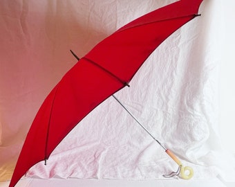 35" Red Nylon Umbrella with Unusual Curled Plastic Handle. Made in Japan, 1960s Vintage.