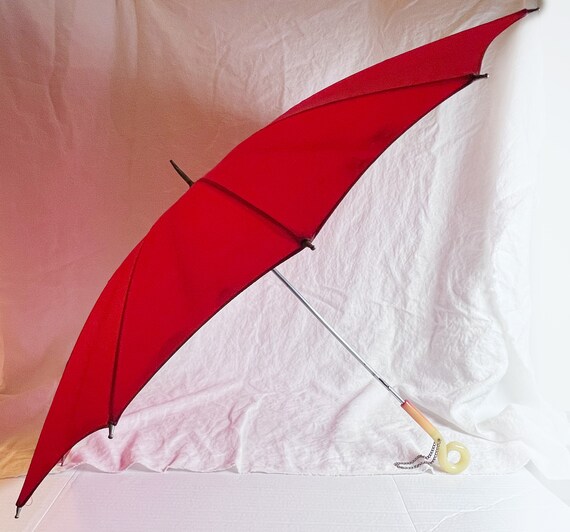 35" Red Nylon Umbrella with Unusual Curled Plasti… - image 1