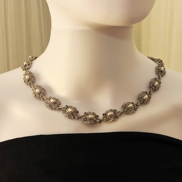 Vintage 16" Marcasite Medallion Style Costume Necklace with Faux Pearl Detail