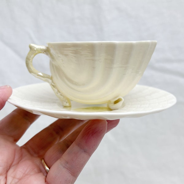 Belleek Neptune Yellow Footed Teacup and Saucer, Irish Porcelain, Pearlescence Finish, Ribbed Design, Seashell Feet, 1970s Vintage.