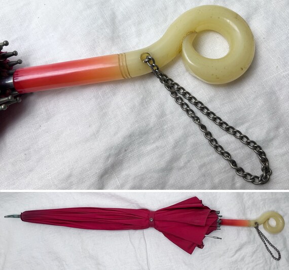 35" Red Nylon Umbrella with Unusual Curled Plasti… - image 6