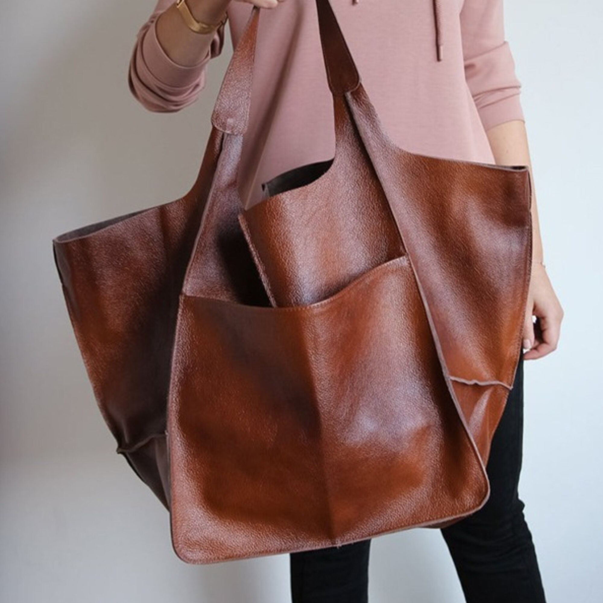 Soft Leather Oneshoulder Tote Bag Large Capacity Tote Bag Etsy