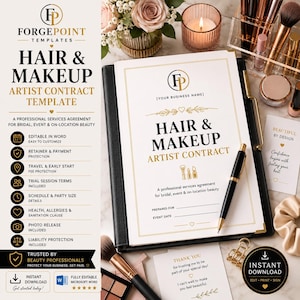 May include: A Hair & Makeup Artist Contract template document on a black clipboard with a black and gold pen. The document features gold text and borders, including the title Hair & Makeup Artist Contract, with icons of makeup tools and hearts.