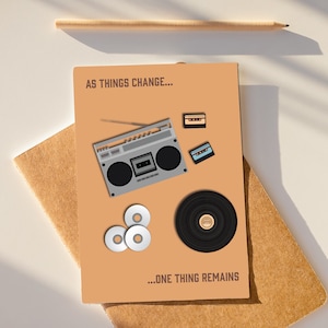 Tarjeta imprimible del Día del Padre Reproductor de discos de vinilo retro, tarjeta de música clásica vintage para papá o figura paterna, nostalgia de los años 90, 5x7 y 4x6 incluidos