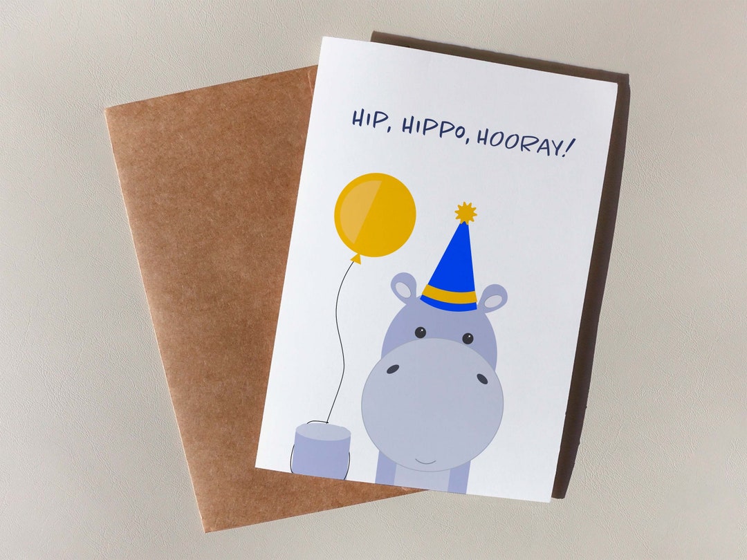 Printable Kids Birthday Card Hippo Zoo Animal Cute Funny Greeting Card ...