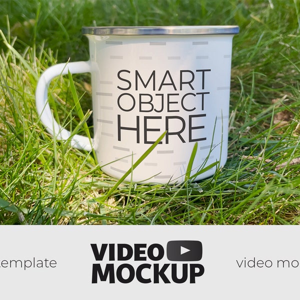 Enamel Mug Video Mockup, 12 oz Coffee Mug Template with Photoshop PSD Smart Object for Print on Demand Listings