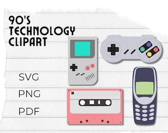 90&#39;s SVG Clipart Designs, Nostalgic 90s Technology Downloadable, Printable for Stickers, Apparel, Vintage Bundle