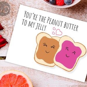 Grappige Valentijnsdagkaart voor hem en haar, pindakaas en gelei Grappige Valentijnsdagkaart voor haar, PB en J-kaart