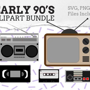 Principios de los 90 SVG Clipart Nostalgic Technology Bundle Diseños descargables imprimibles para pegatinas y prendas de vestir