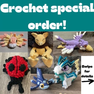 May include: A collection of six handmade crochet plush toys featuring various creatures in red, black, yellow, purple, white, blue, and green yarn. The image includes the text "Crochet special order!" at the top and "Swipe for details" with an arrow.