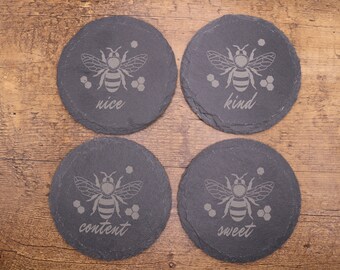 Bee Slate Coaster Set of 4, Laser Engraved Stone Coasters, Bee Kind Bee Nice, Bee Lover Gift, Housewarming Hostess Gift, Kitchen Decor