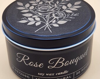 Rose Candle Tin 6 oz or 8 oz, Floral Soy Travel Candle, Stocking Stuffer, Party Favor, Small Gift for Her - Rose Bouquet