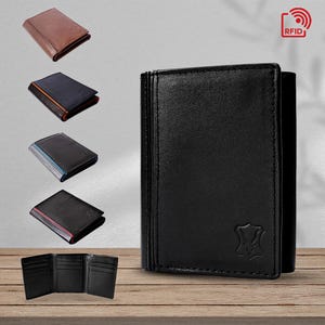 Cartera triple de cuero de doble tono, cartera para hombre RFID, titular de tarjeta personalizada, cartera grabada personalizada, regalo para hombres, papá, novio, aniversario