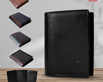 Personalised Genuine Cowhide Leather Trifold Wallet for Men, RFID Blocking, Custom Embossing