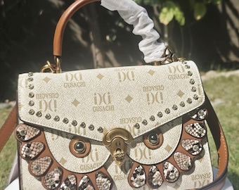 Owl Inspired Handbag, Cream Tan Embellished Satchel, Textured Leather Look Bag with Shoulder Strap LIMITED EDITION
