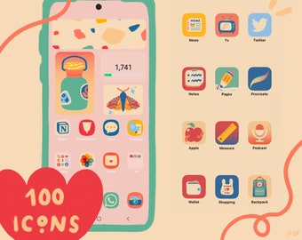 Süßes iOS & Android App Icon Paket | 100 Handgezeichnete App Icons | Mini-Widgets | Startbildschirm