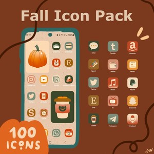 May include: A phone screen displaying a collection of 100 fall-themed icons for popular apps. The icons are in a variety of colors, including orange, brown, yellow, and green. The icons are arranged in a grid pattern on the phone screen. The phone screen is surrounded by a brown background with a fall-themed design.