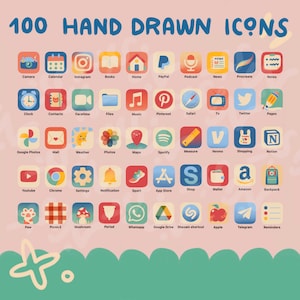 K&ouml;nnte beinhalten: Ein Satz von 100 handgezeichneten Symbolen, die beliebte Apps und Dienste darstellen. Die Symbole sind farbenfroh und zeigen eine Vielzahl von Stilen, darunter Cartoon, minimalistisch und realistisch. Die Symbole sind in einem Rastermuster auf einem rosa Hintergrund angeordnet.