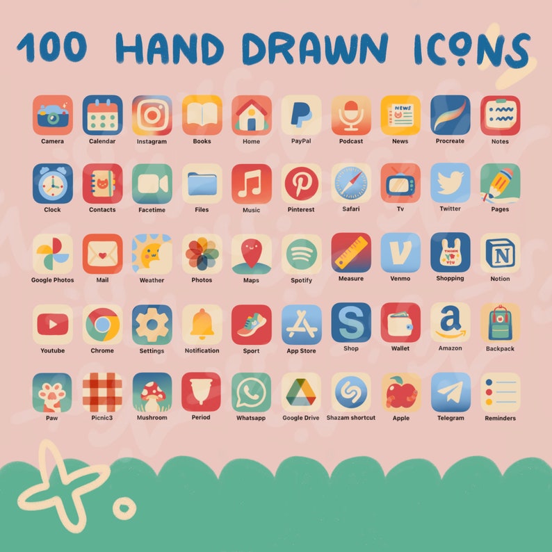 K&ouml;nnte beinhalten: Ein Satz von 100 handgezeichneten Symbolen, die beliebte Apps und Dienste darstellen. Die Symbole sind farbenfroh und zeigen eine Vielzahl von Stilen, darunter Cartoon, minimalistisch und realistisch. Die Symbole sind in einem Rastermuster auf einem rosa Hintergrund angeordnet.